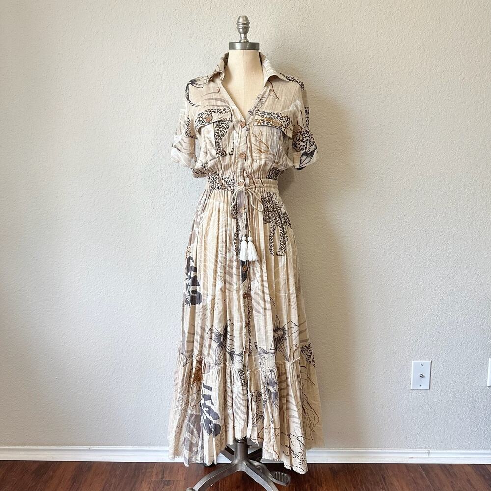 Z&L Maxi Dress Beige Floral Animal Elastic Waist Tasseled Boho Gypsy